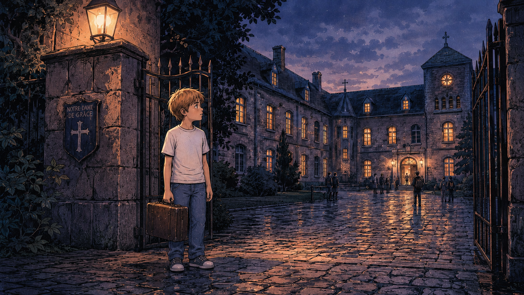 Adolescent seul devant l’entrée de Notre-Dame-de-Grâce